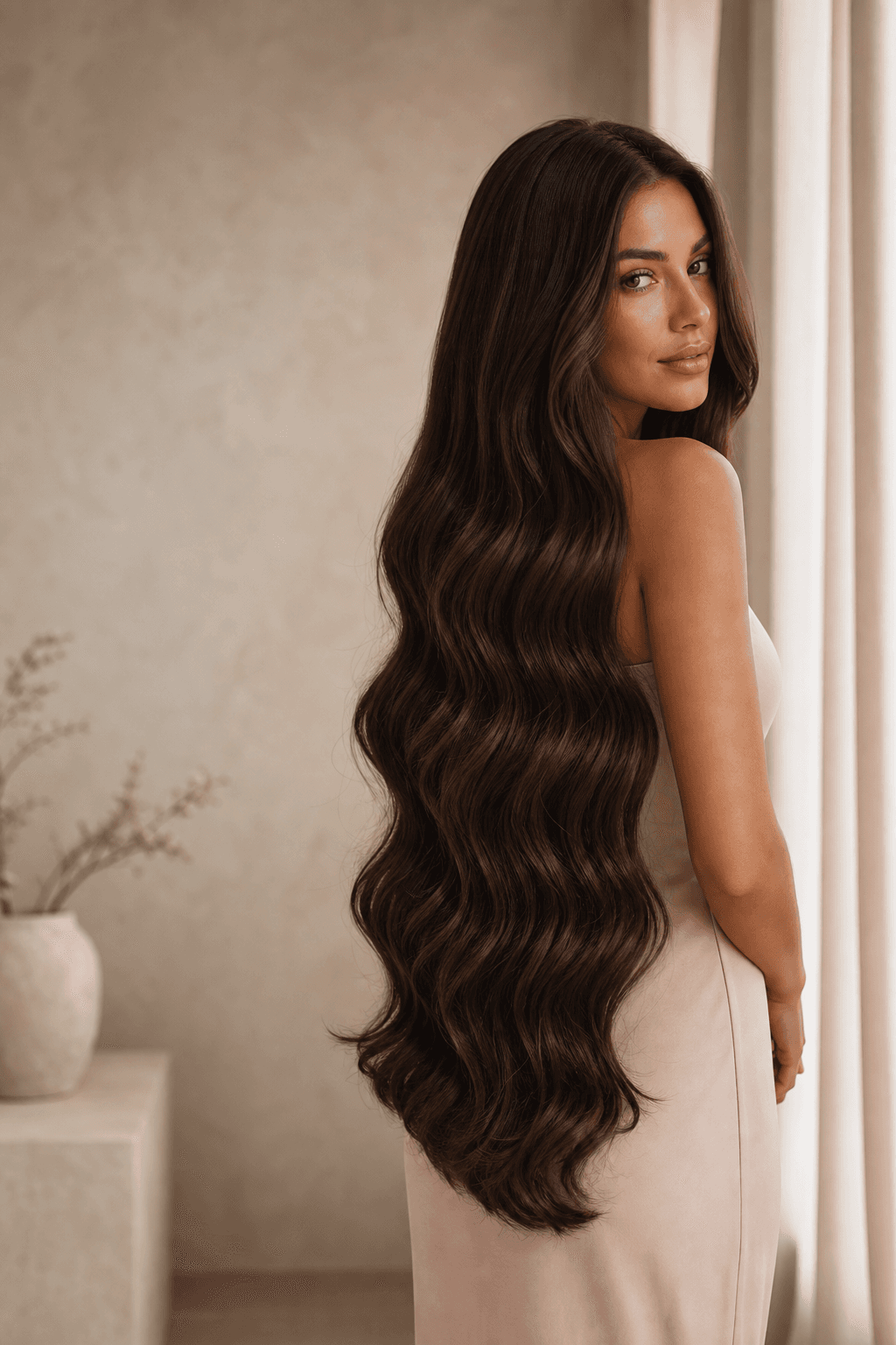 Long, wavy brunette hair extensions falling to the waist, styled in a soft wave