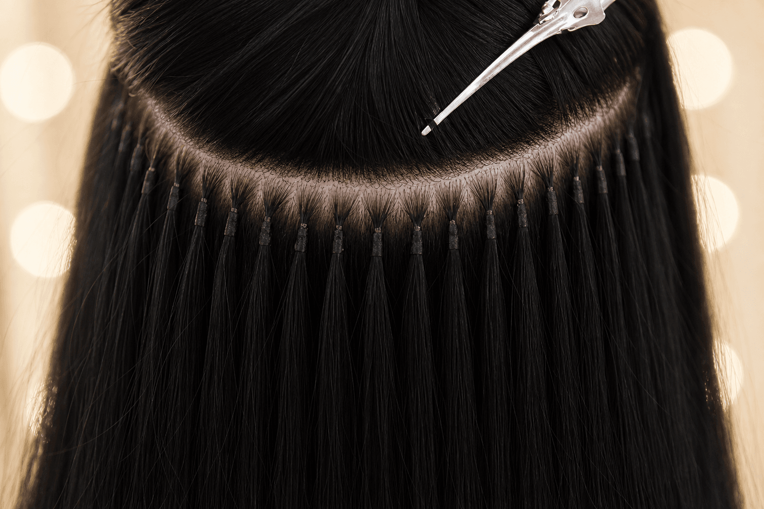 Microbead hair extensions clamped into neat, individual sections